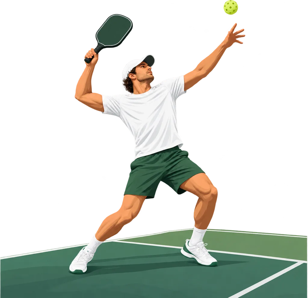Illustration d'un joueur de pickleball en position de smash, bras tendu vers une balle haute, près de la ligne de la zone de non-volée.